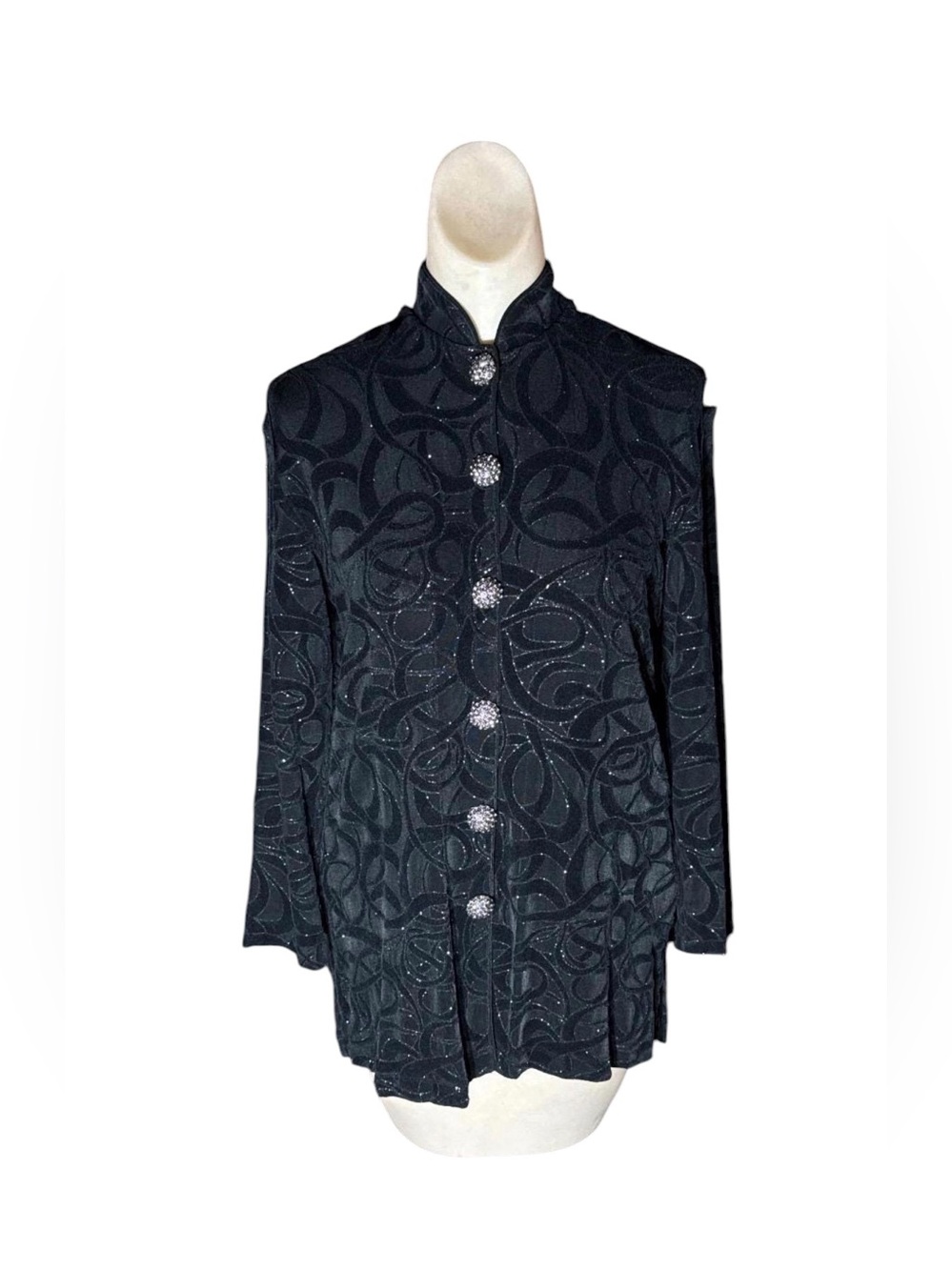 Vintage 1990s Velvet Rhinestone Button Front Jacket Mandarin Collar Medium